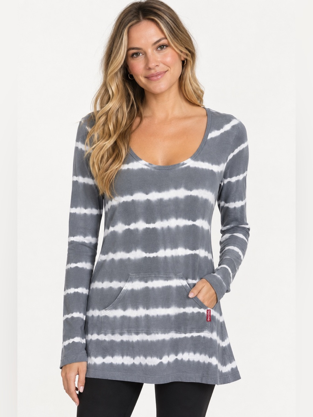 Hard Tail Forever Tie-Dye Long Sleeve Pocket Tunic Top Women L Gray White